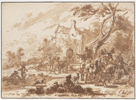 U+ 028
<br/>
Rustende jagers bij een herberg
<br/>
<em>Huchtenburgh, Jan van (1646-1733), attr.</em>